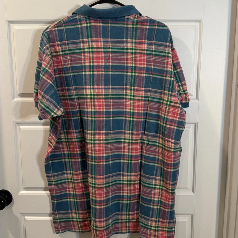 Vtg 1980's Ralph Lauren Pastel Blue/Pink Plaid Polo Shirt Made in USA XL